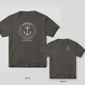 Pepper Comfort Colors tee shown back and front: round HOLD FAST PRINT FASTER anchor badge on the back, small layered anchor on the chest.