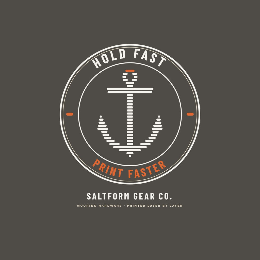 Close-up of the Hold Fast Print Faster badge: arched type, orange accents and a layered anchor.