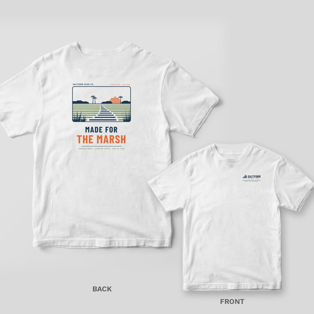 White Comfort Colors tee shown back and front: framed salt marsh landscape and MADE FOR THE MARSH on the back, Saltform wordmark on the chest.