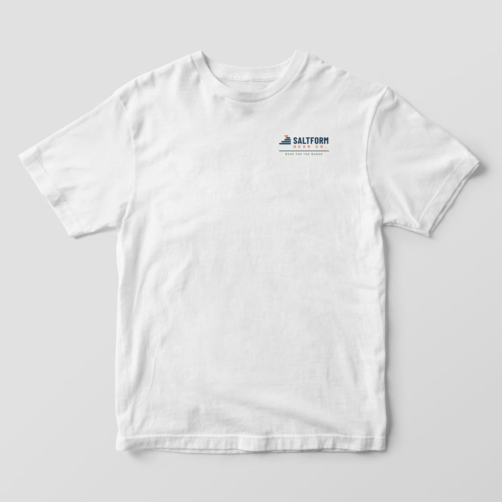 Front of a white Comfort Colors 1717 tee with the horizontal Saltform Gear Co. wordmark on the left chest.