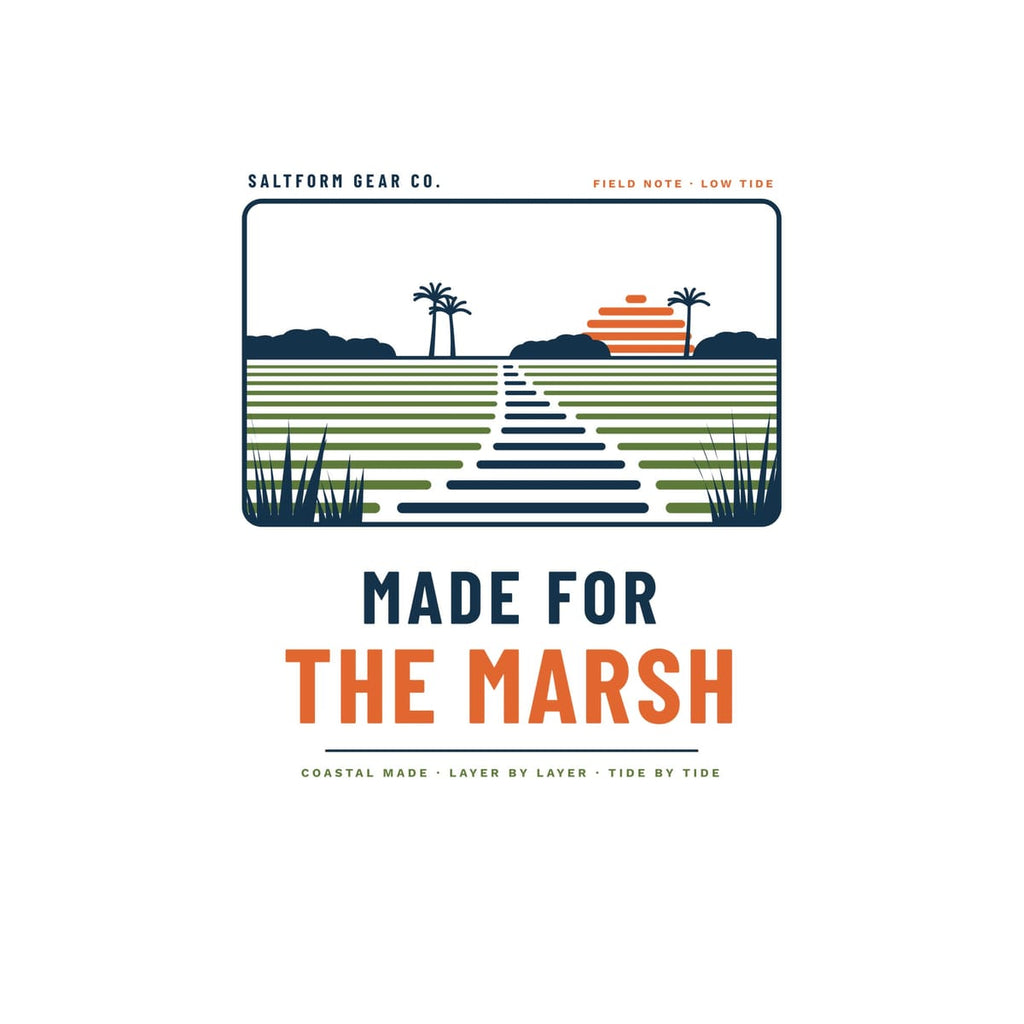 Close-up of the Made for the Marsh artwork: tidal creek, marsh grass, palmettos, live oaks and a layered sunset.