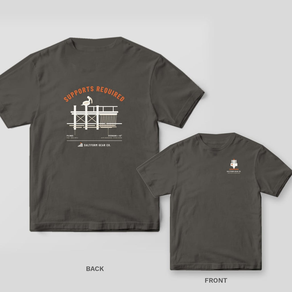 Pepper Comfort Colors tee shown back and front: arched SUPPORTS REQUIRED over a pier with a pelican on the back, hotend icon on the chest.