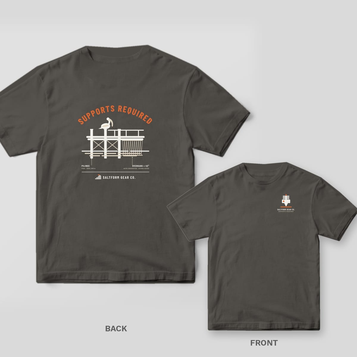 Pepper Comfort Colors tee shown back and front: arched SUPPORTS REQUIRED over a pier with a pelican on the back, hotend icon on the chest.