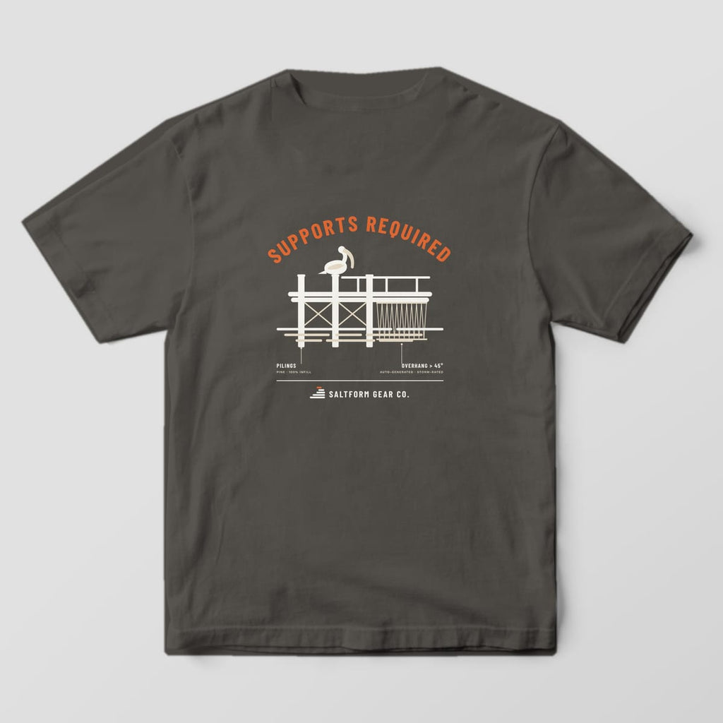 Back of a pepper Comfort Colors 1717 tee with a fishing pier held up by pilings and zigzag 3D print supports.