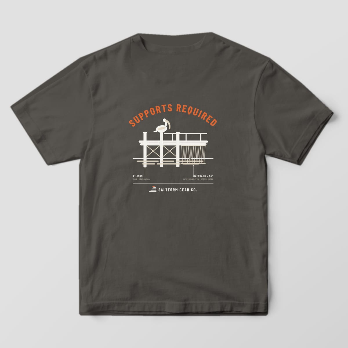 Back of a pepper Comfort Colors 1717 tee with a fishing pier held up by pilings and zigzag 3D print supports.