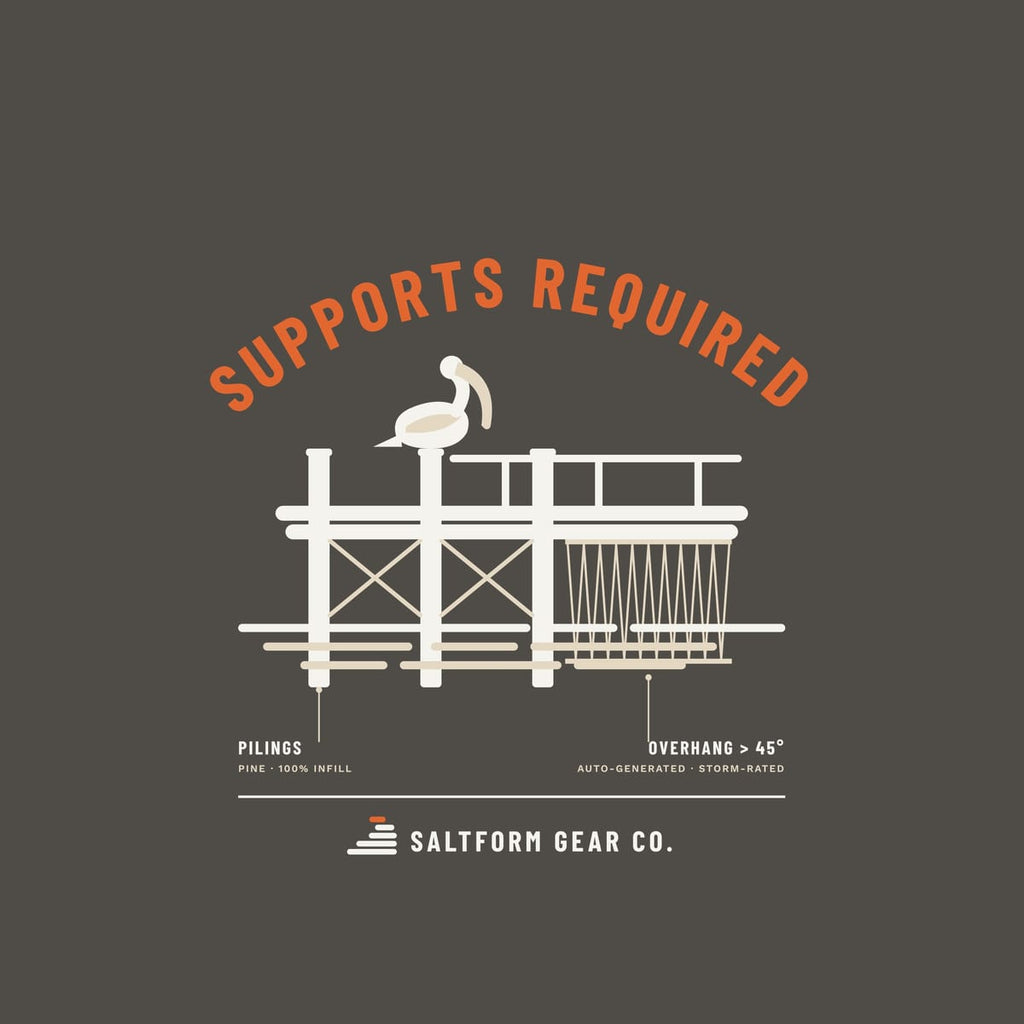 Close-up of the Supports Required artwork: orange arched type, pier, pelican, zigzag supports and callouts.