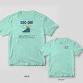 Chalky mint Comfort Colors tee shown back and front: SGC-001 engineering drawing on the back, small spec block on the chest.
