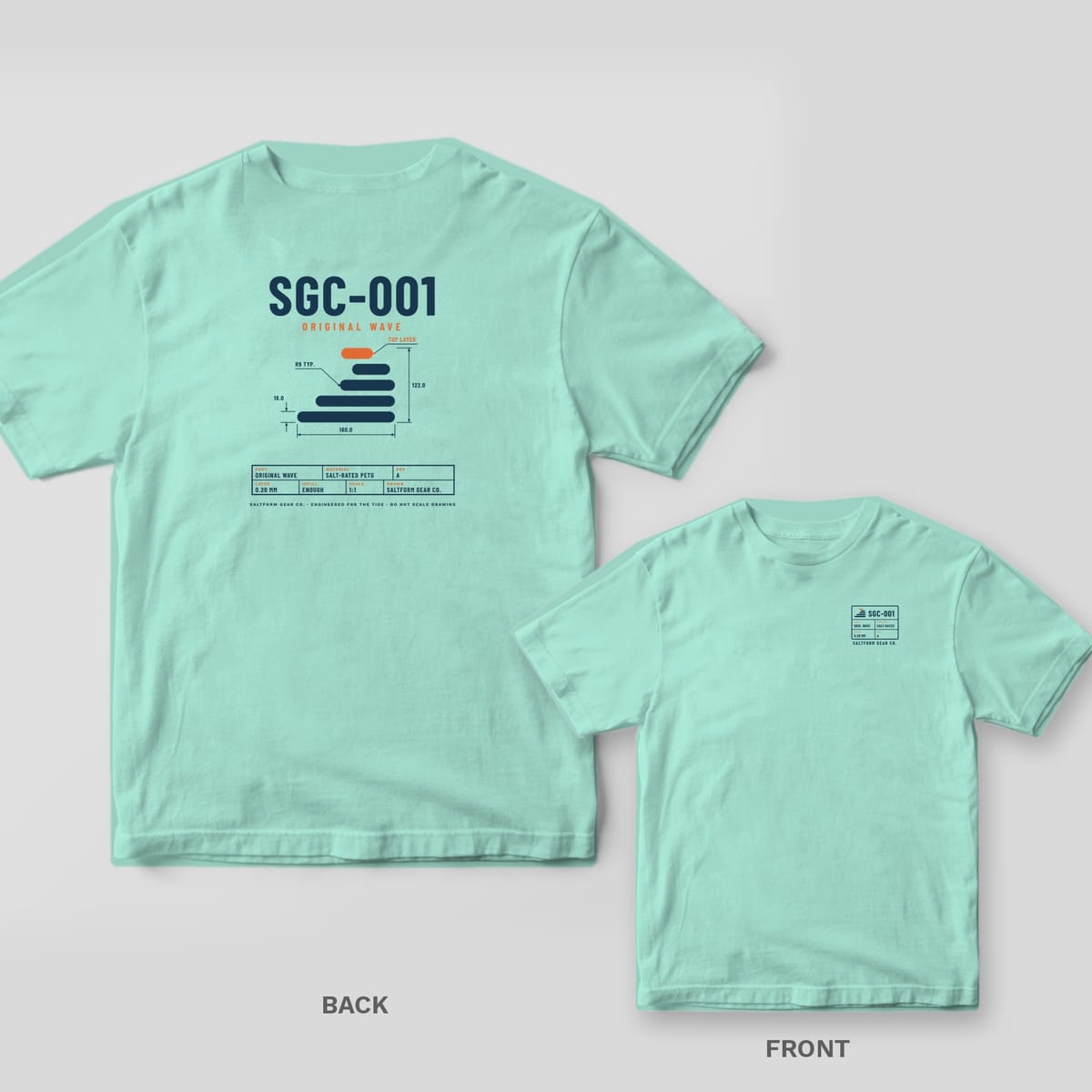 Chalky mint Comfort Colors tee shown back and front: SGC-001 engineering drawing on the back, small spec block on the chest.