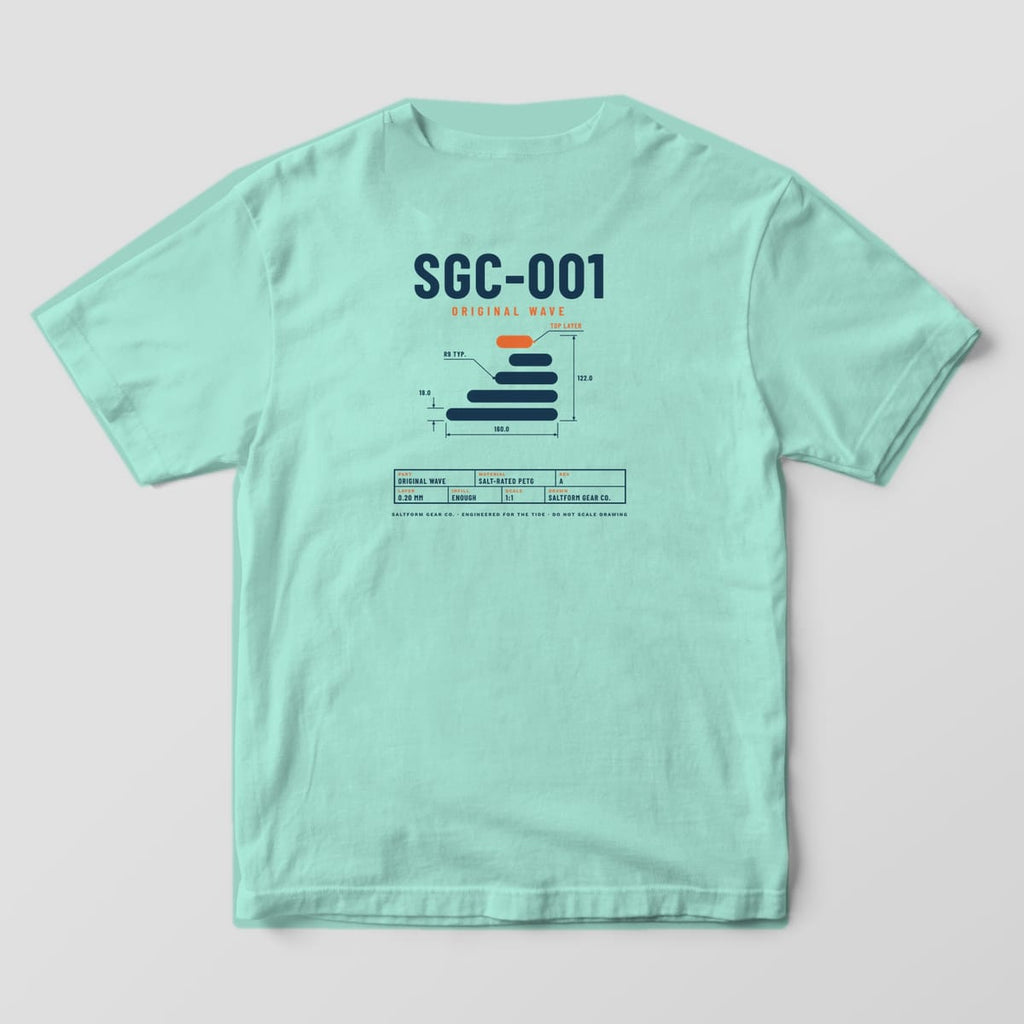 Back of a chalky mint Comfort Colors 1717 tee with SGC-001, a dimensioned layer-wave drawing and a title block.