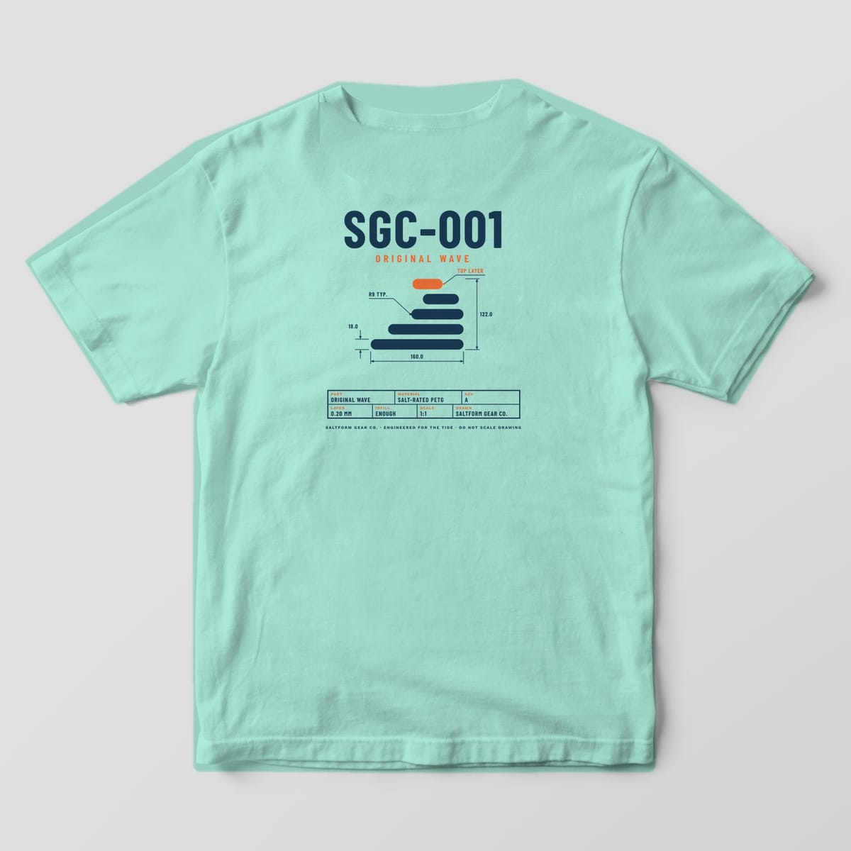 Back of a chalky mint Comfort Colors 1717 tee with SGC-001, a dimensioned layer-wave drawing and a title block.