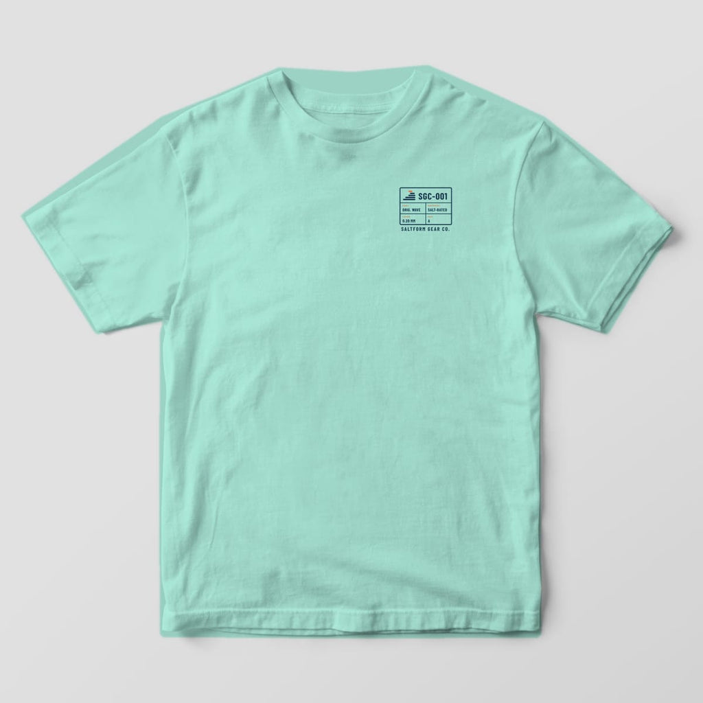 Front of a chalky mint Comfort Colors 1717 tee with a small navy spec block reading SGC-001 on the left chest.