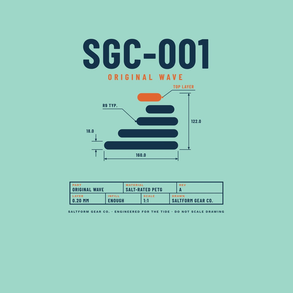 Close-up of the SGC-001 artwork: part number, layered wave with dimension lines and an engineering title block.