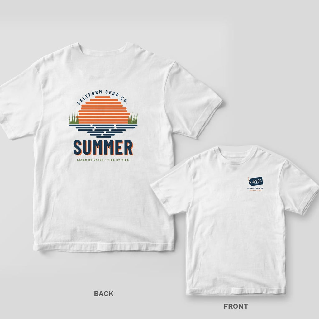 White Comfort Colors tee back and front: orange layered sunset over marsh and SUMMER on the back, SGC gear tag on the chest.