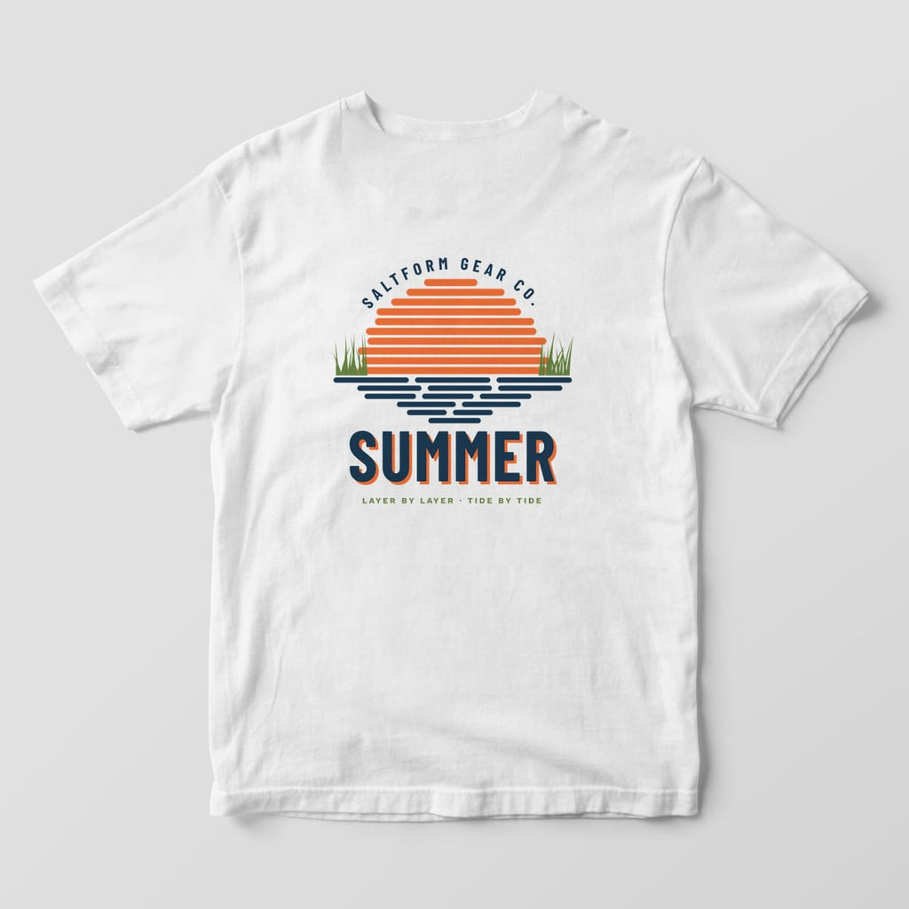 Back of a white Comfort Colors 1717 tee with an orange striped sunset, green marsh grass, navy water lines and SUMMER.