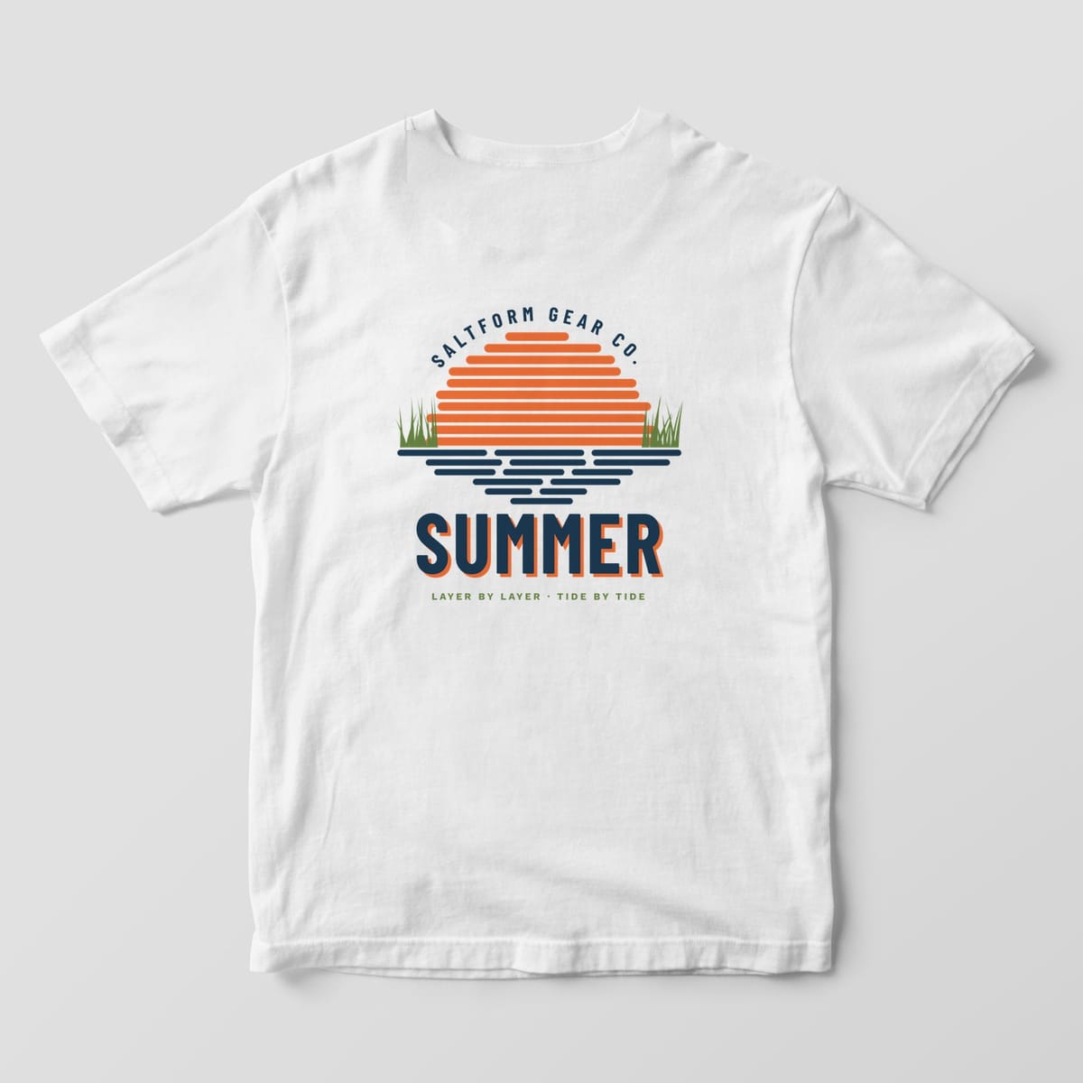 Back of a white Comfort Colors 1717 tee with an orange striped sunset, green marsh grass, navy water lines and SUMMER.