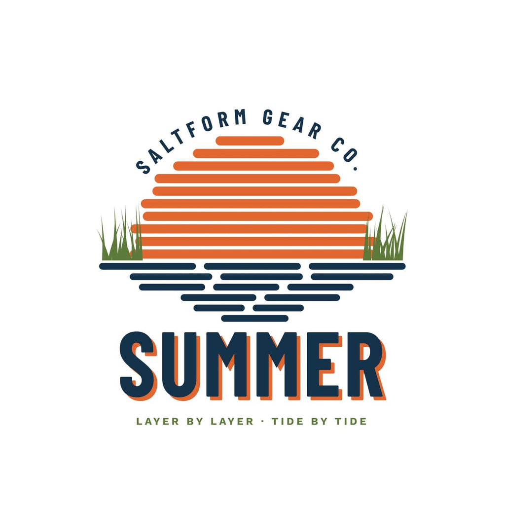 Close-up of the sunset print: orange layer bars forming the sun, marsh grass blades, navy reflection layers and SUMMER with an orange shadow.