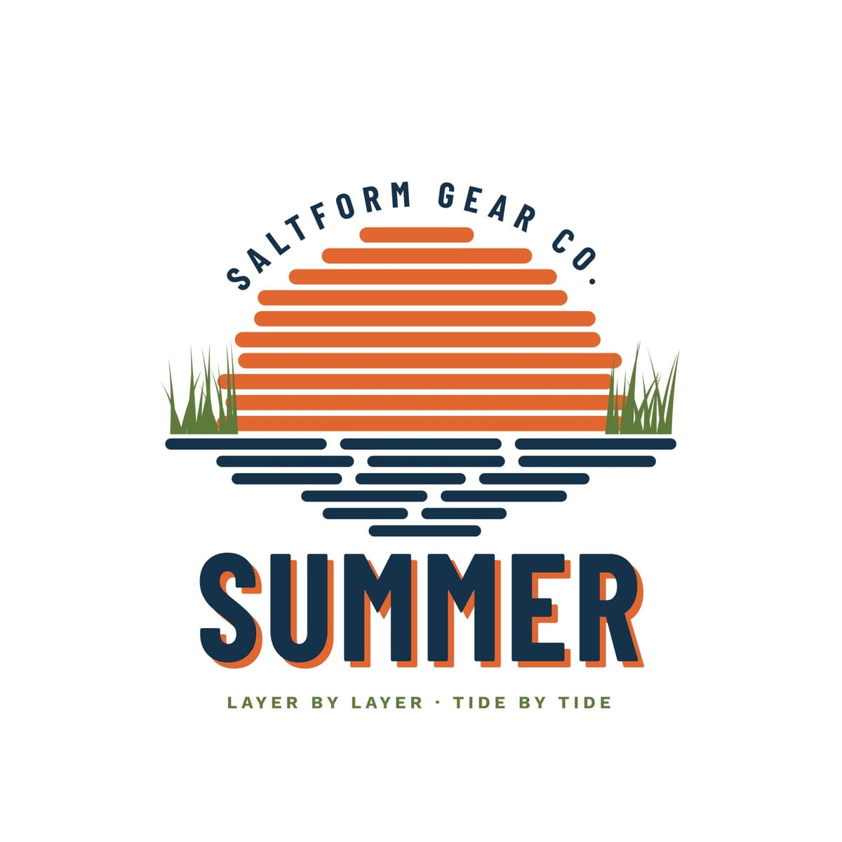 Close-up of the sunset print: orange layer bars forming the sun, marsh grass blades, navy reflection layers and SUMMER with an orange shadow.