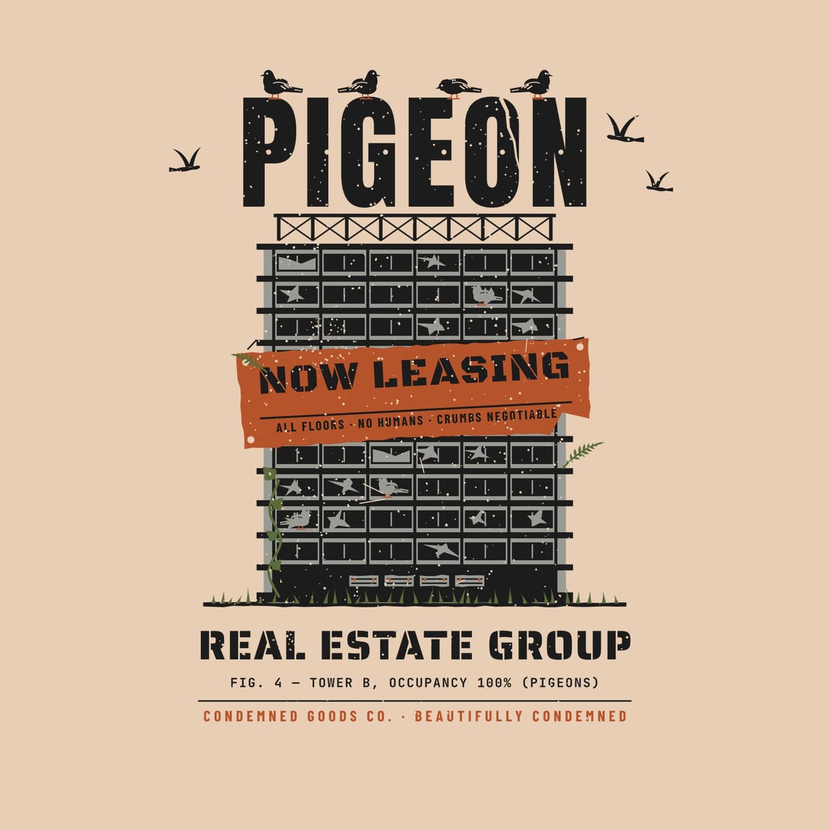 Close-up of the pigeon tower artwork showing smashed windows, perched pigeons and the rust Now Leasing banner.