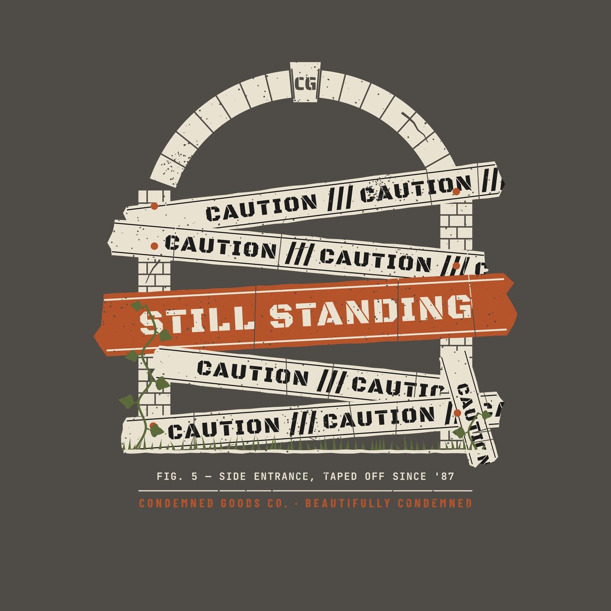 Close-up of the caution tape artwork showing torn tape ends, nails, brick mortar and the Still Standing lettering.