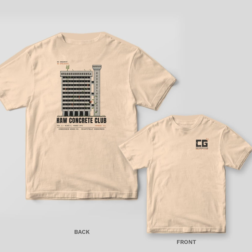 Ivory tee shown back and front: back has a grey and black brutalist concrete tower with plants under the words Raw Concrete Club; front has a small CG concrete logo.