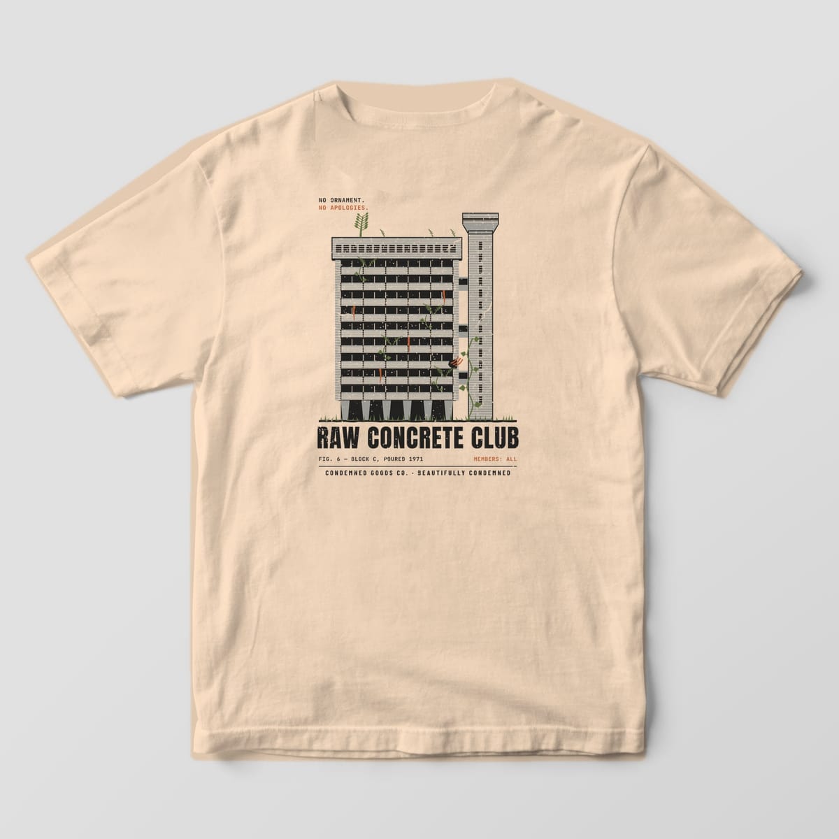 Back of an ivory Comfort Colors 1717 tee with a brutalist concrete tower print labeled Raw Concrete Club.