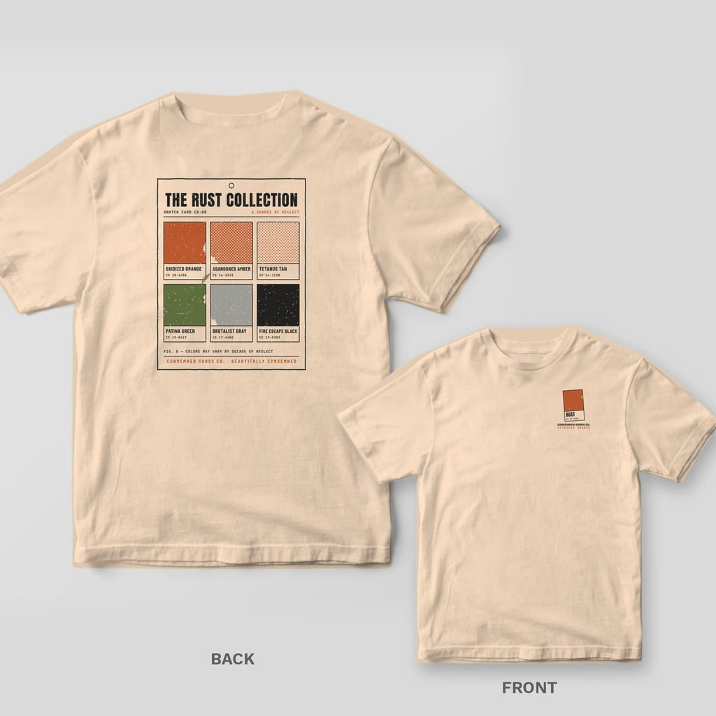Ivory tee shown back and front: back has a paint swatch card called The Rust Collection with six color chips; front has a single rust-colored paint chip.