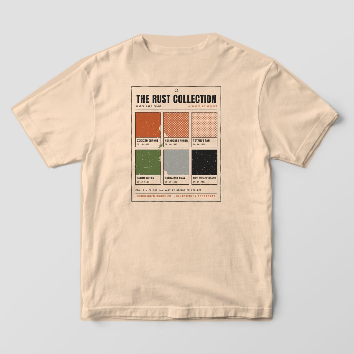 Back of an ivory Comfort Colors 1717 tee with six paint chips in rust, halftone orange, green, grey and black under The Rust Collection.