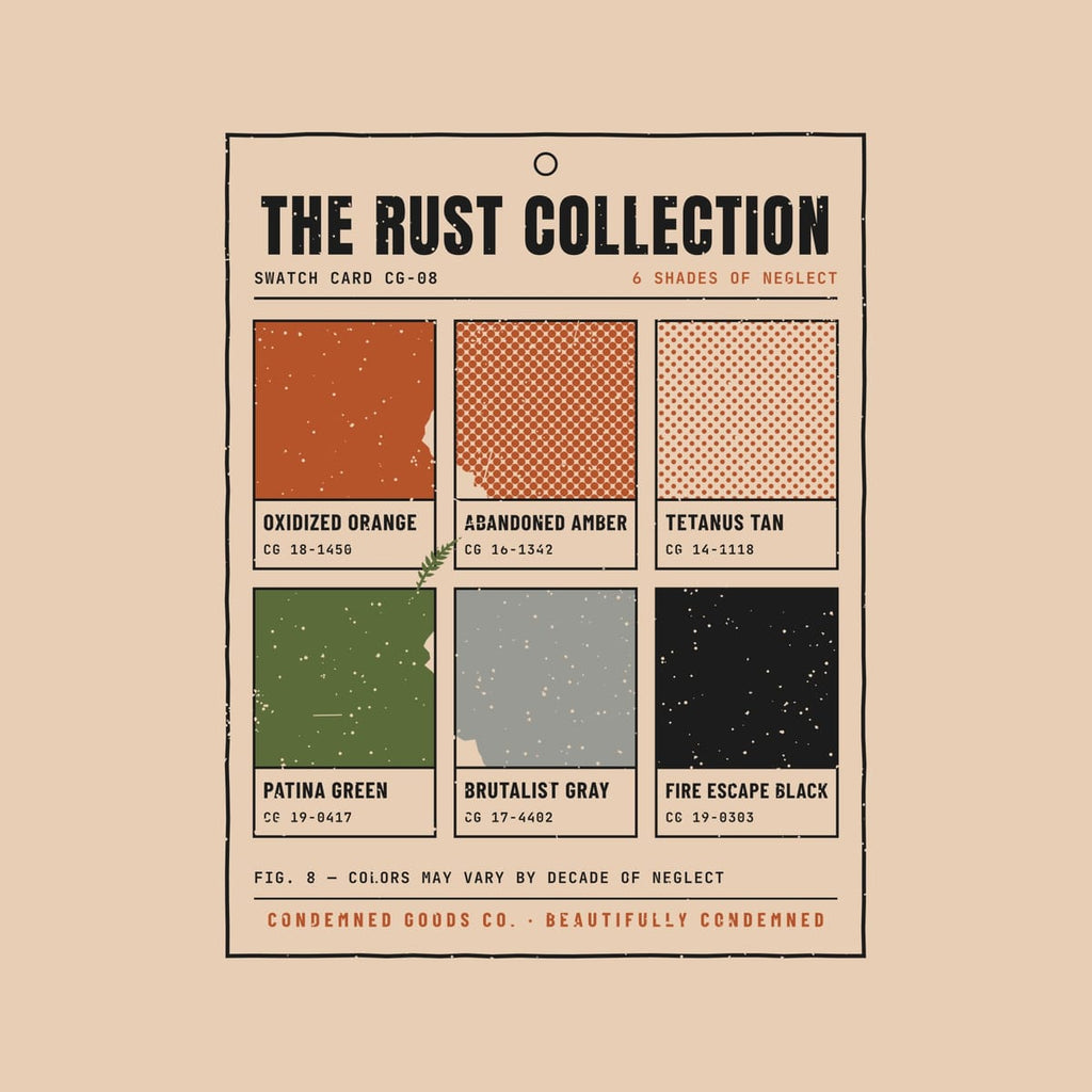 Close-up of the swatch card artwork showing the chip names Tetanus Tan and Patina Green, halftone dots and corroded chip edges.