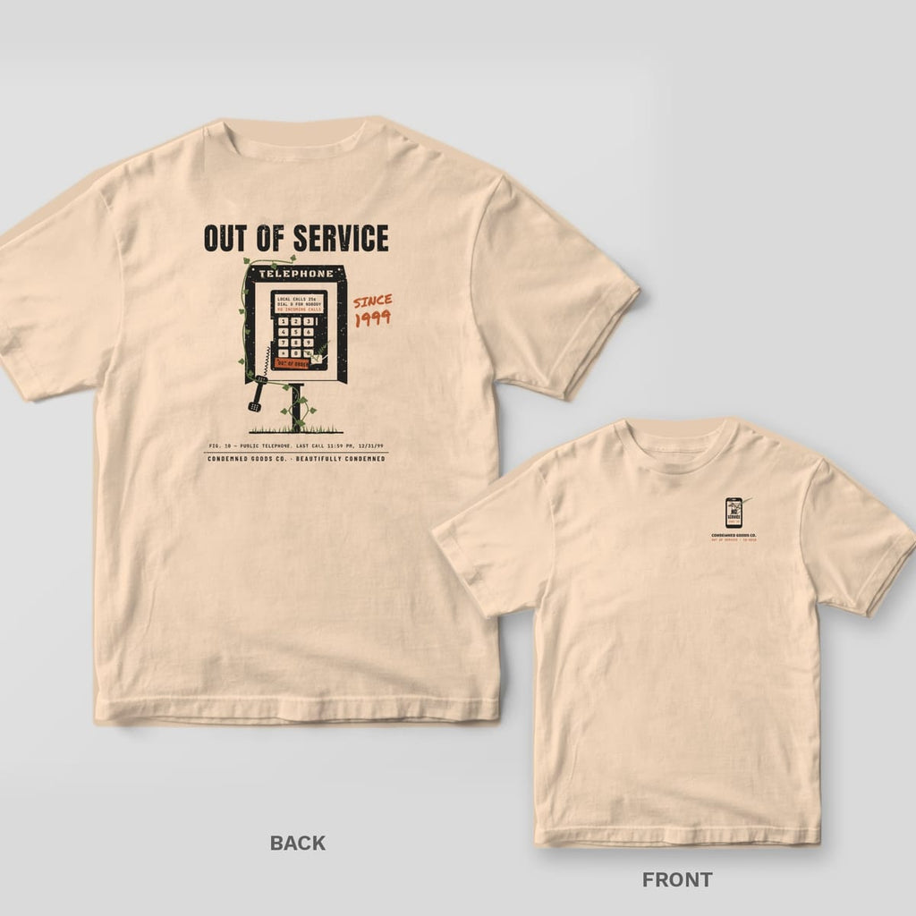 Ivory tee shown back and front: back has an overgrown black payphone under the words Out of Service with Since 1999 in rust; front has a cracked phone reading No Service.