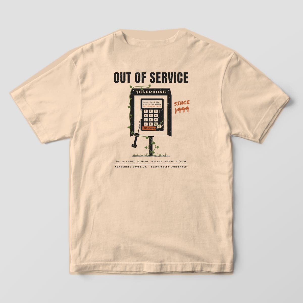 Back of an ivory Comfort Colors 1717 tee with an outdoor payphone print, dangling handset and ivy, under Out of Service.