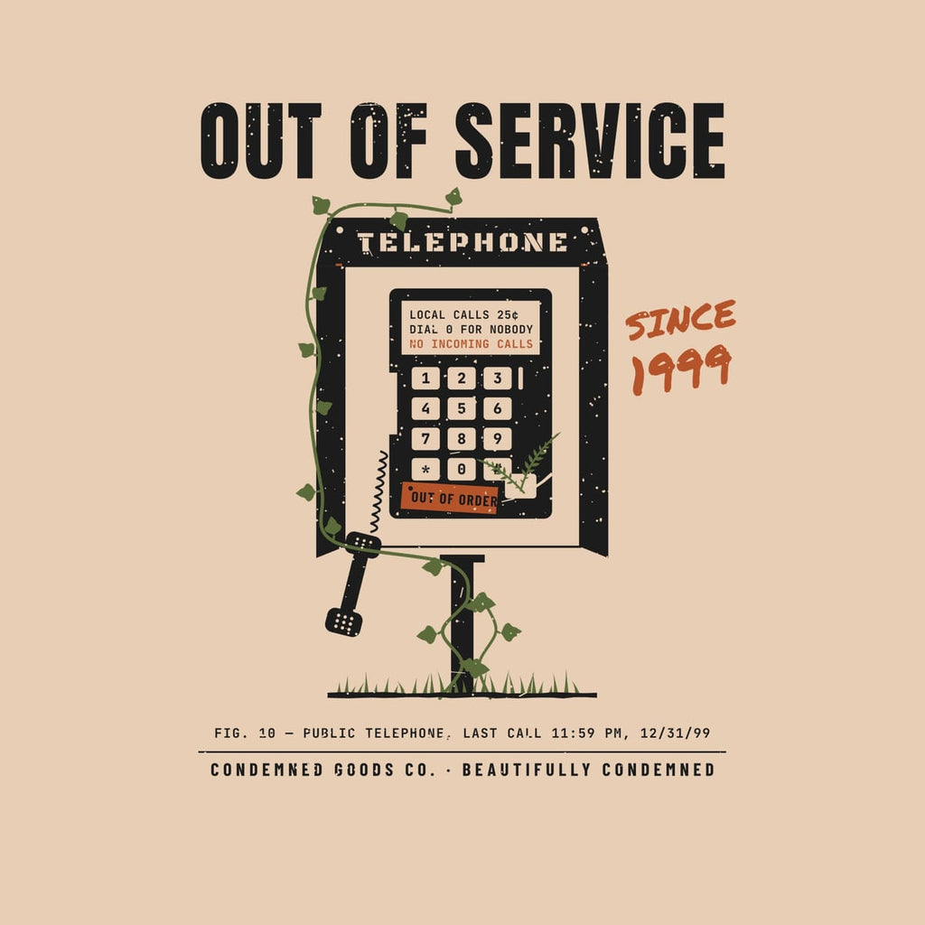 Close-up of the payphone artwork showing the keypad, Dial 0 for Nobody card, Out of Order tag and fern in the coin return.