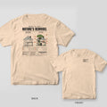 Ivory tee shown back and front: back has a before-and-after house diagram where an oak tree grows through the roof under the words Nature's Remodel; front has Decay Is Just Nature's Remodel mono text with a small ivy vine.