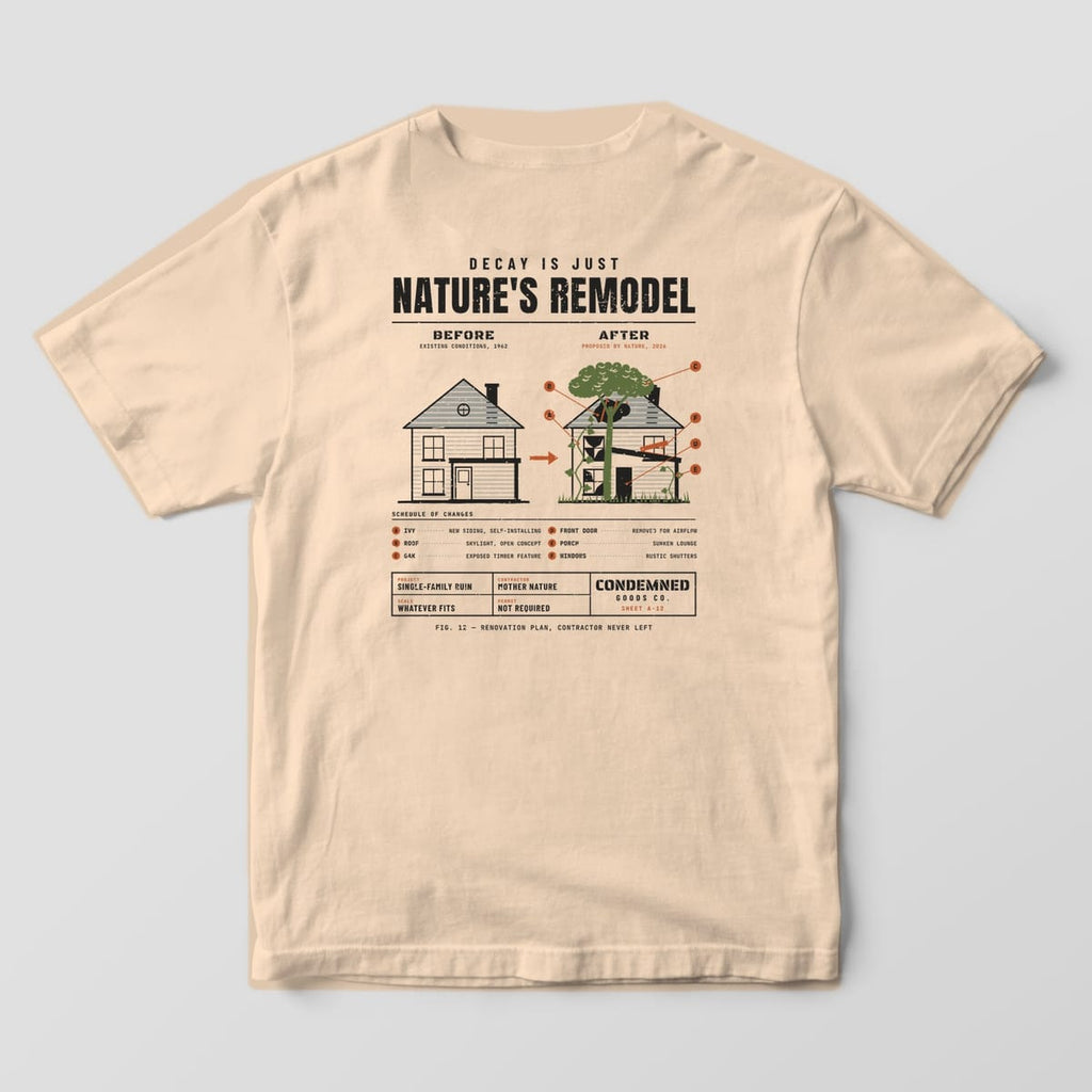 Back of a ivory Comfort Colors 1717 tee with a before-and-after house diagram where an oak tree grows through the roof under the words Nature's Remodel.