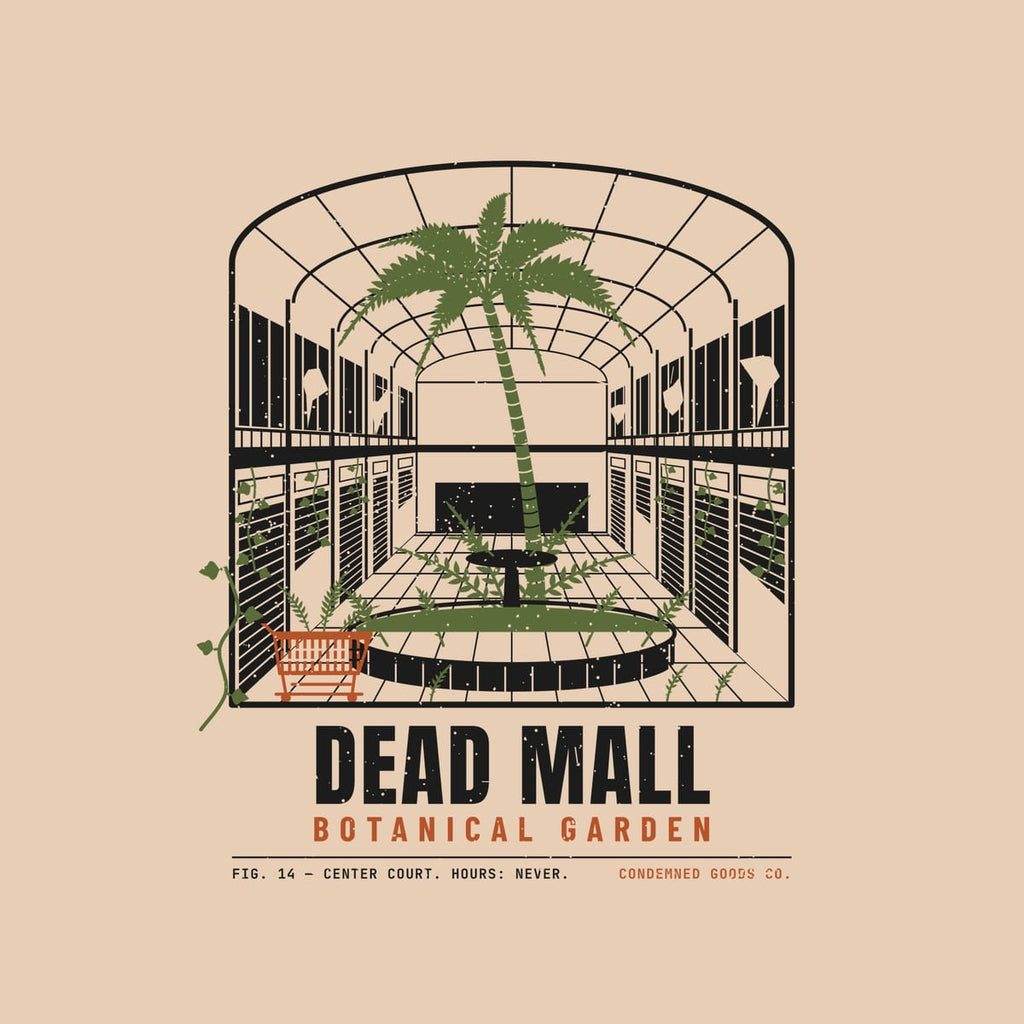 Close-up of the Dead Mall Botanical Garden artwork showing the skylight vault, shuttered storefronts, hanging vines and the overgrown fountain.
