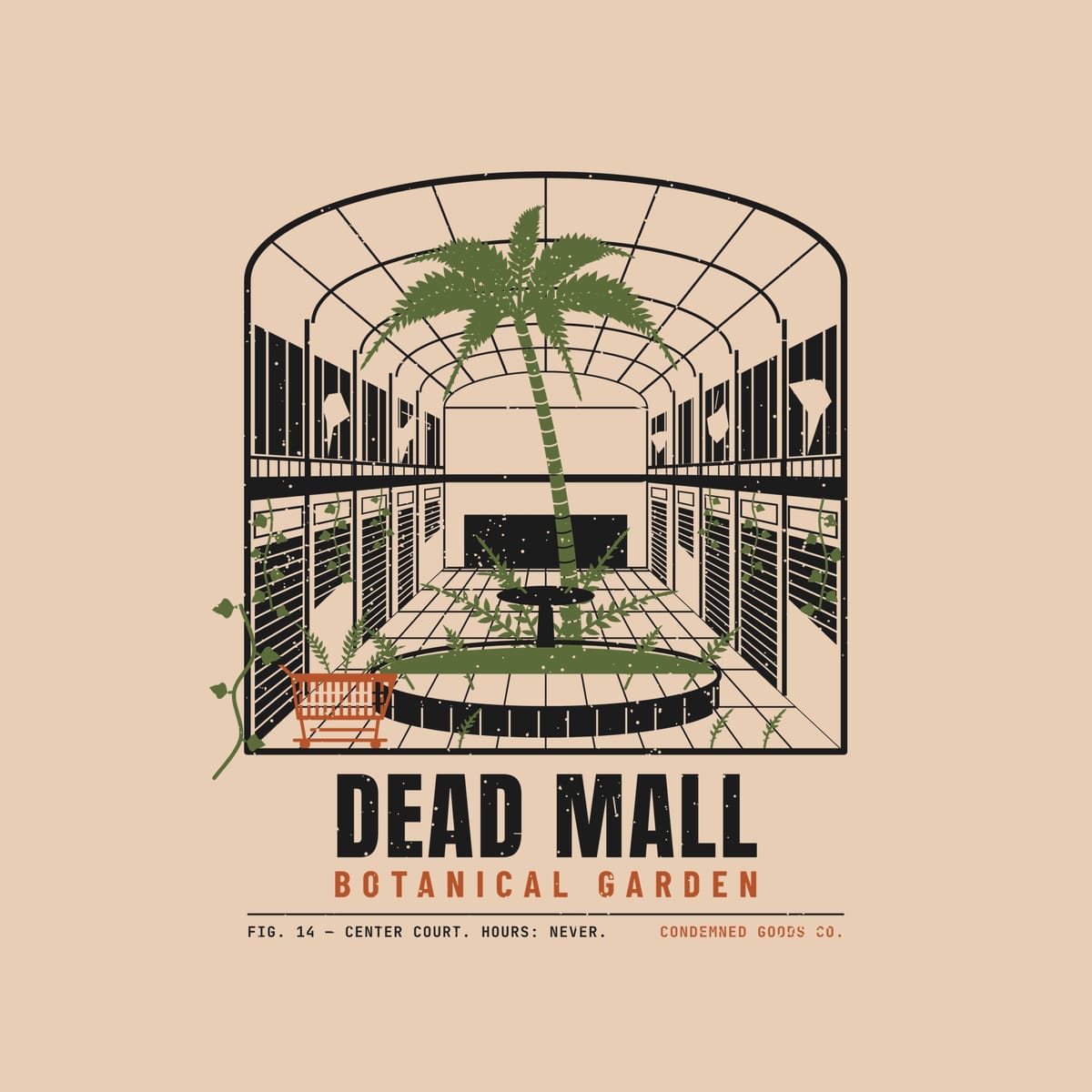 Close-up of the Dead Mall Botanical Garden artwork showing the skylight vault, shuttered storefronts, hanging vines and the overgrown fountain.