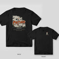 Black tee shown back and front: back has a cream brick wall with the word Patina spray-painted in dripping rust; front has a small cream spray can with a rust spray mist.