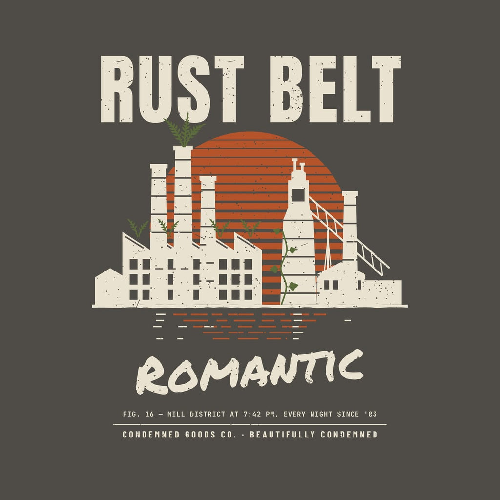 Close-up of the Rust Belt Romantic artwork showing the striped sun, smokestacks with ferns, mill windows and river reflections.