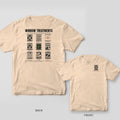 Ivory tee shown back and front: back has a grid of nine boarded-up windows labeled like a catalog under the words Window Treatments; front has a small boarded-up window with crossed planks.
