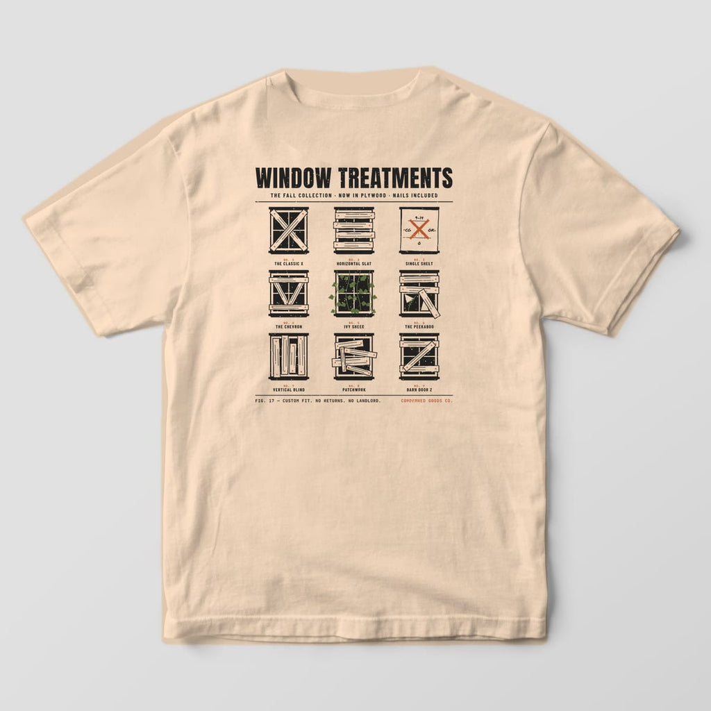 Back of a ivory Comfort Colors 1717 tee with a grid of nine boarded-up windows labeled like a catalog under the words Window Treatments.