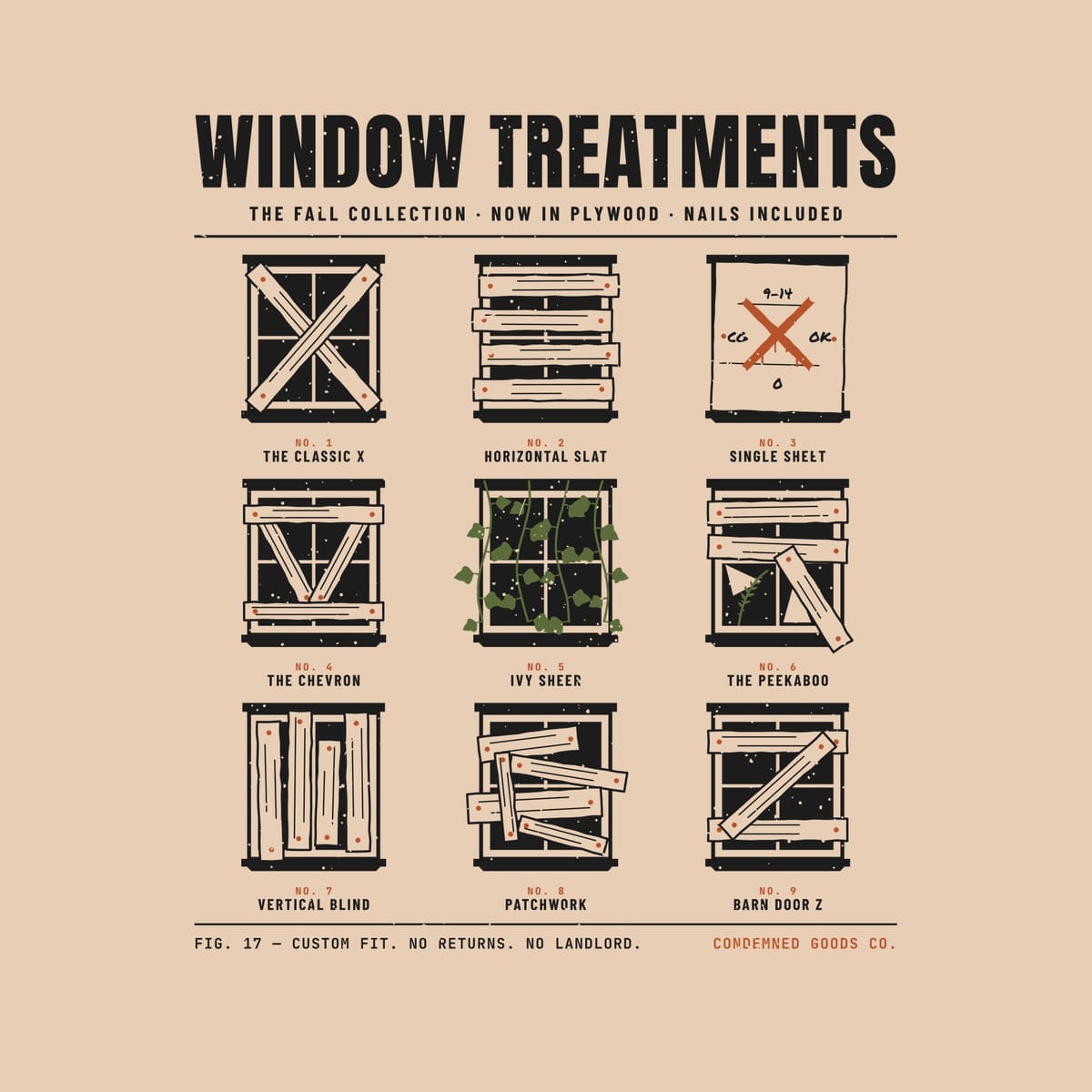 Close-up of the Window Treatments artwork showing the plank grain, rust nails, ivy-covered window and catalog labels.
