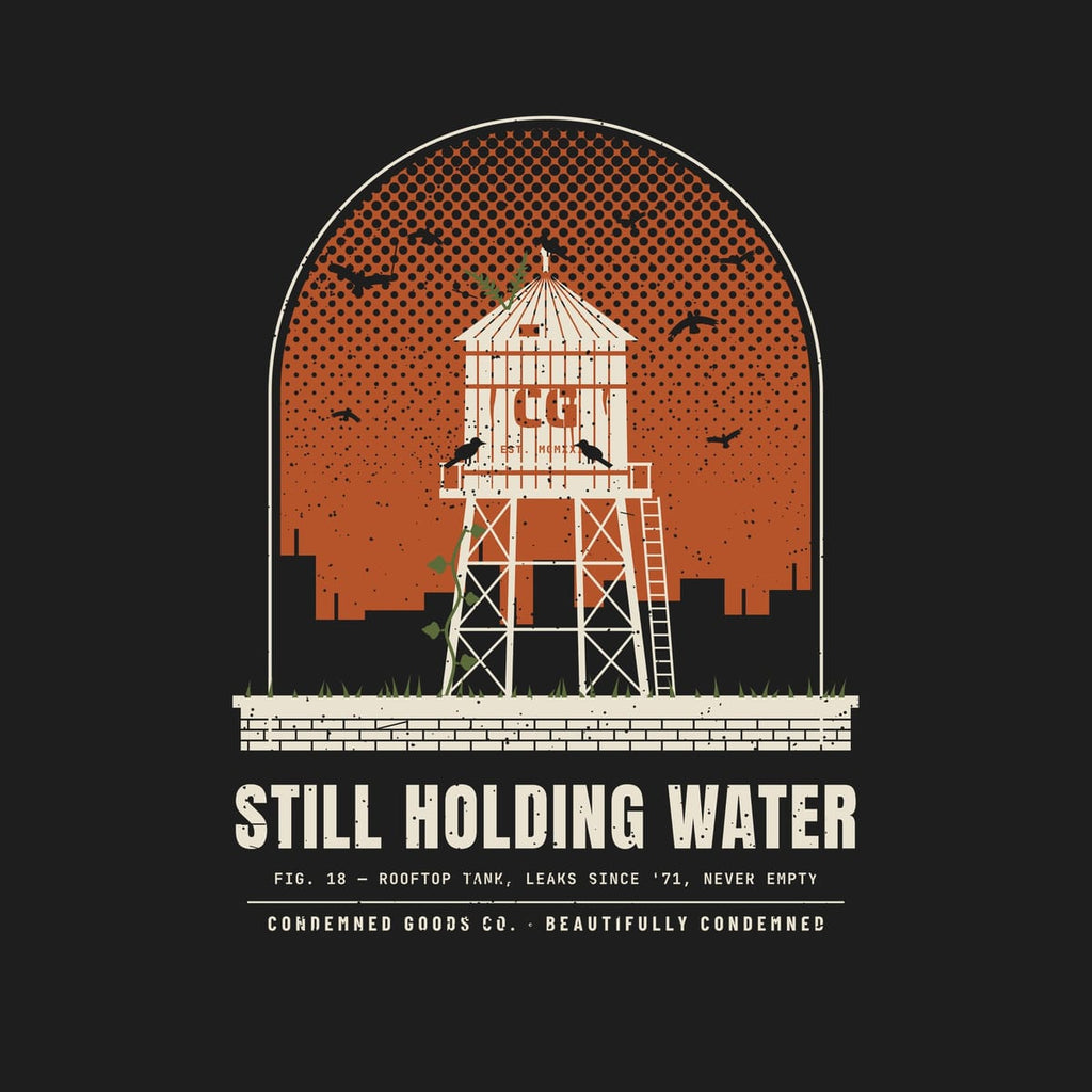 Close-up of the Still Holding Water artwork showing the halftone sky, crow silhouettes, tank staves, rust hoops and brick parapet.