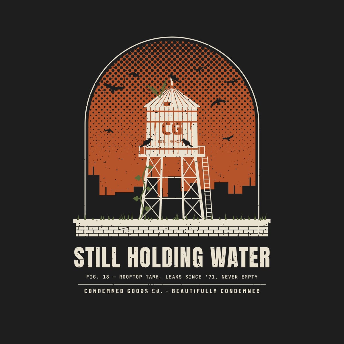 Close-up of the Still Holding Water artwork showing the halftone sky, crow silhouettes, tank staves, rust hoops and brick parapet.