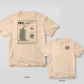Ivory tee shown back and front: back has a vintage botanical plate of ivy climbing a crumbling brick pier titled Ivy, Common Destroyer of Buildings; front has a small concrete CG monogram wrapped in ivy.