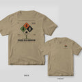 Khaki tee shown back and front: back has a weathered hazard diamond rating Rust 4, Charm 4, Structural Integrity 0 above the words Proceed With Admiration; front has a small four-color hazard diamond.