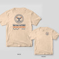 Ivory Comfort Colors tee shown back and front: the back has a navy and orange Dept. of Lost Places seal over Take Only Pictures, Leave Only Footprints; the chest has a small matching seal.