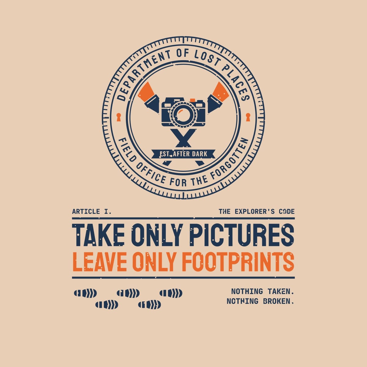 Back print artwork close-up: a navy and orange circular Dept. of Lost Places seal with a camera and crossed flashlights above the words Take Only Pictures, Leave Only Footprints and a trail of boot prints, lightly speckled.