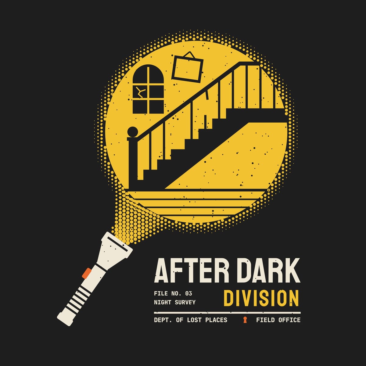 Back print artwork close-up: a cream flashlight throwing a yellow halftone beam that reveals an abandoned staircase, cracked arched window and crooked picture frame, above the words After Dark Division, lightly speckled.