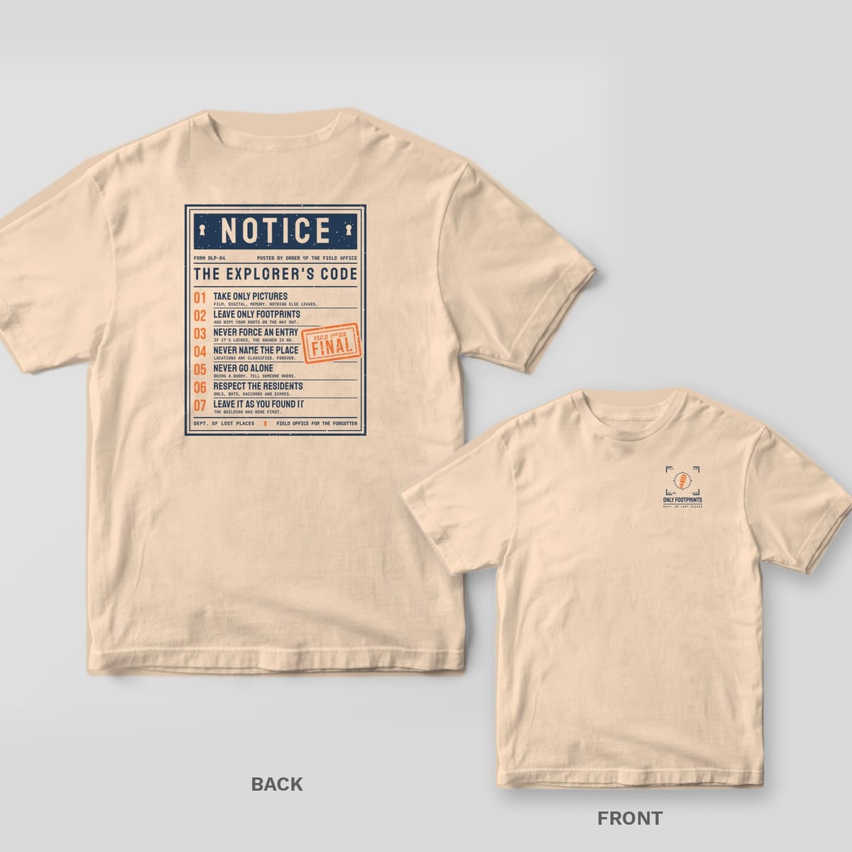 Ivory Comfort Colors tee shown back and front: the back has a navy Notice listing The Explorer's Code with orange numbers and a Final stamp; the chest has a viewfinder framing an orange boot print.