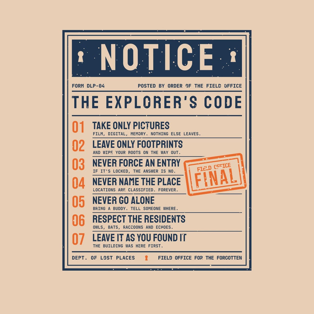 Back print artwork close-up: a navy and orange posted Notice titled The Explorer's Code with seven numbered rules such as Take Only Pictures and Never Force an Entry, and an orange Final rubber stamp, lightly speckled.