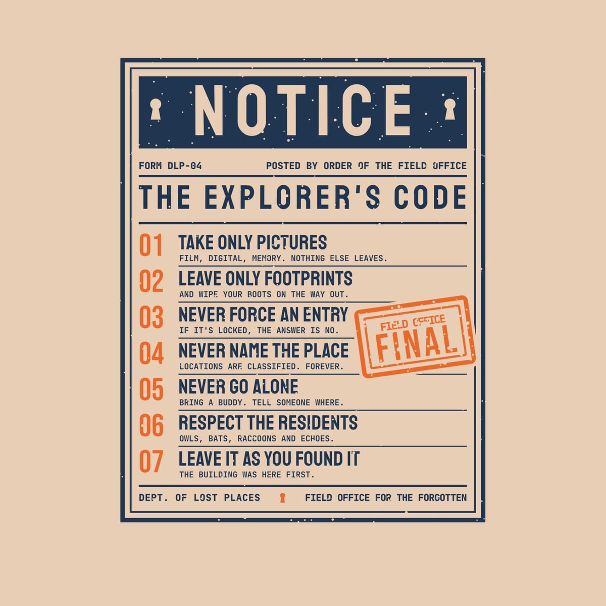 Back print artwork close-up: a navy and orange posted Notice titled The Explorer's Code with seven numbered rules such as Take Only Pictures and Never Force an Entry, and an orange Final rubber stamp, lightly speckled.